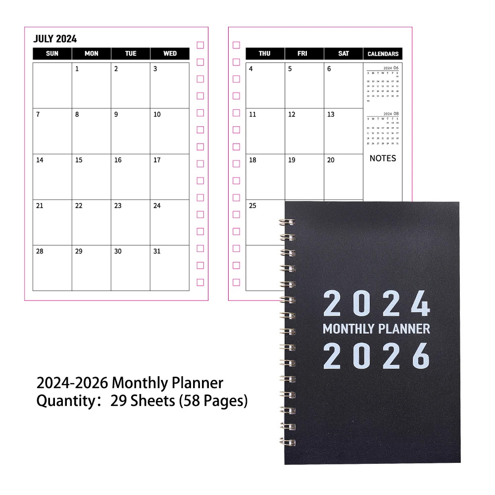 29 Sheets 2024-2026 Monthly Planner Black Pvc Waterproof Cover pertaining to July Calendar 2025 Waterproof