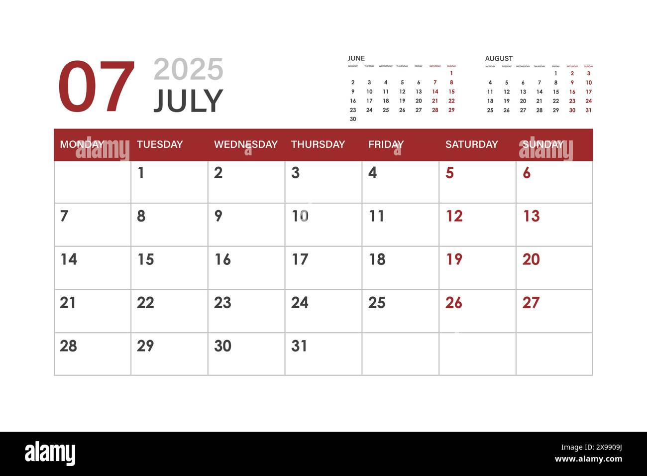 Calendar For July 2025. The Week Starts On Monday Stock Vector regarding July Calendar 2025 Monday to Sunday