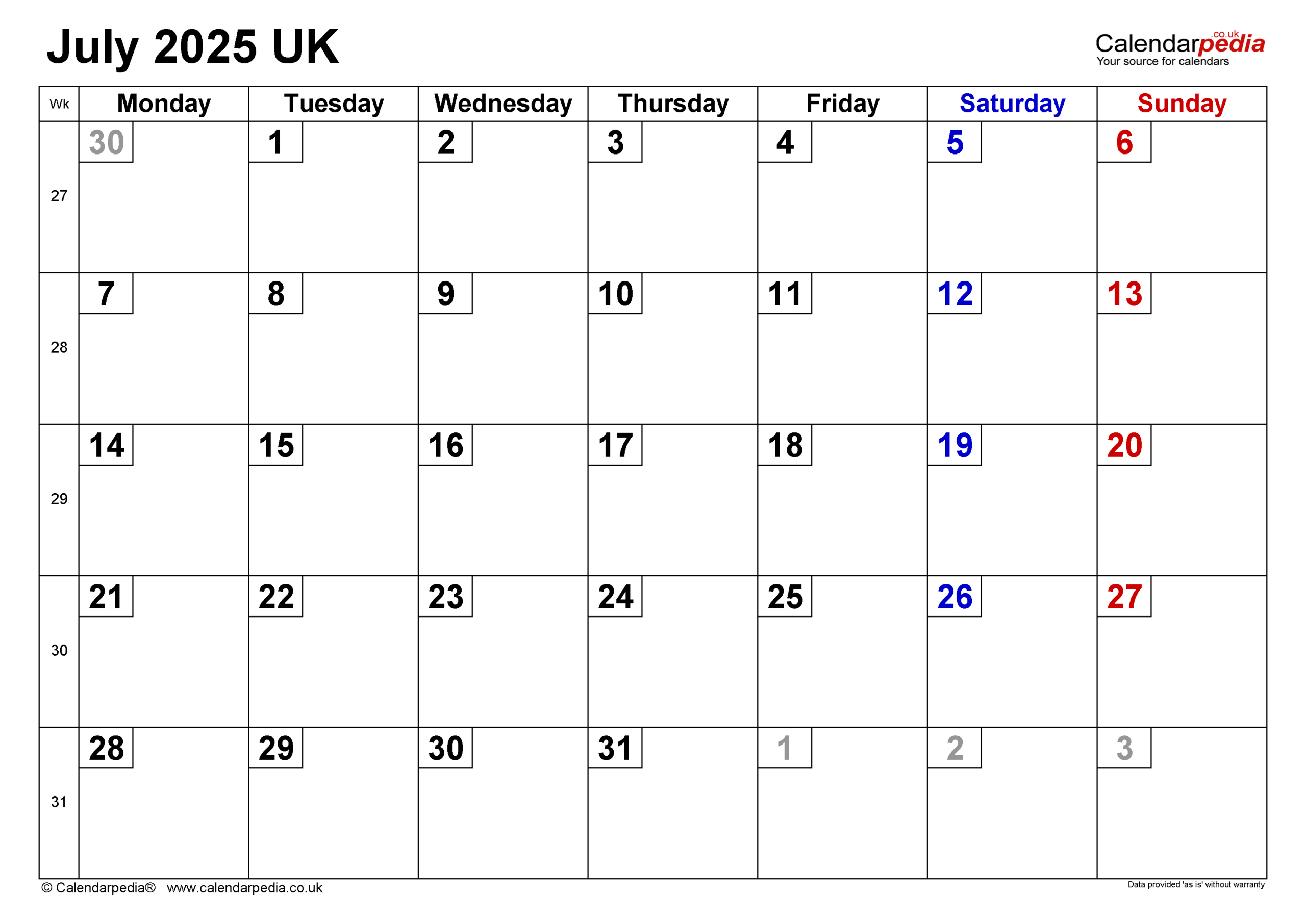 Calendar July 2025 Uk With Pdf, Excel And Word Templates in July 2025 Calendar Excel