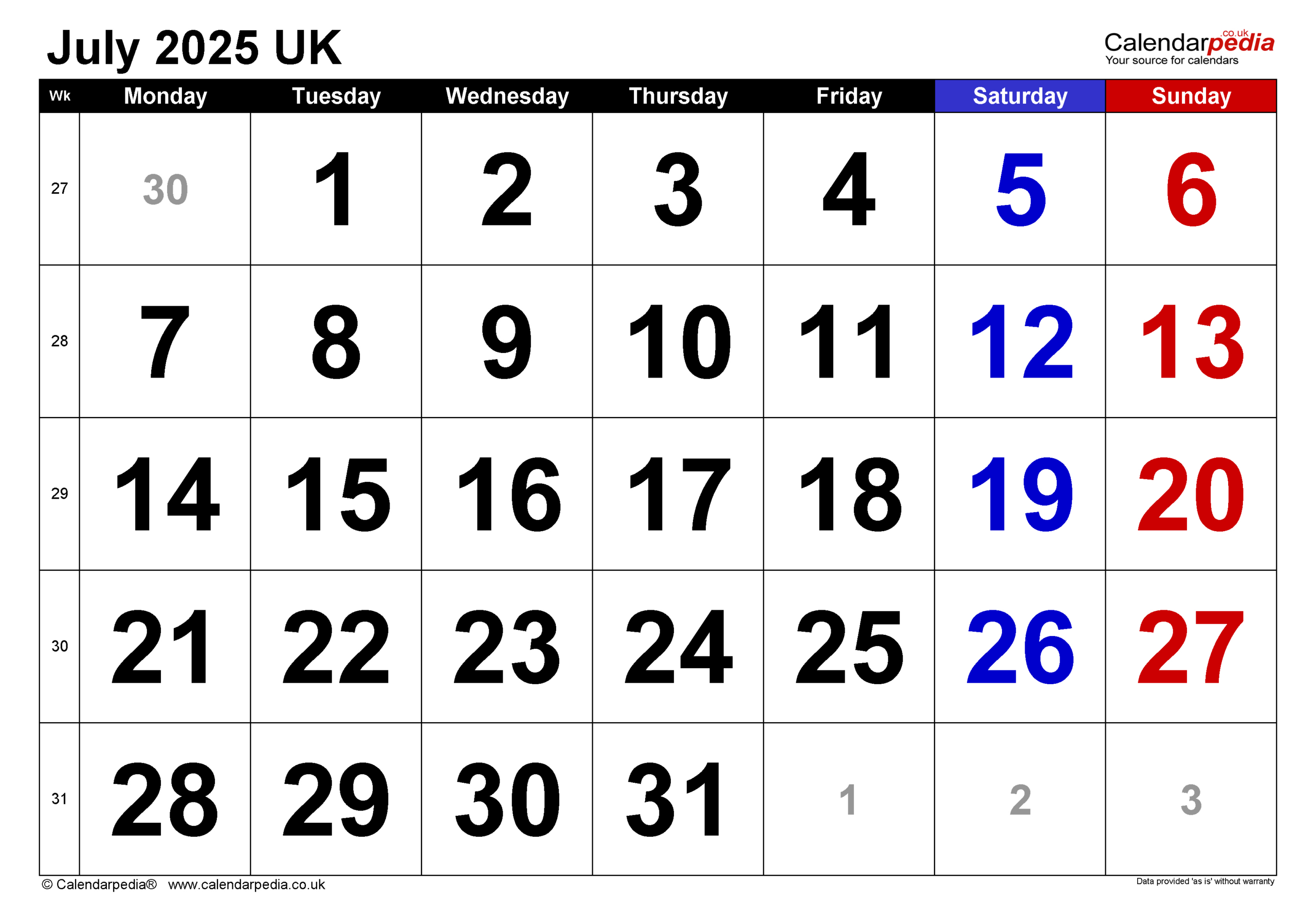Calendar July 2025 Uk With Pdf, Excel And Word Templates intended for July 2025 Calendar Excel