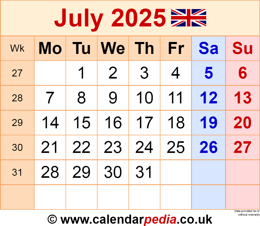 Calendar July 2025 Uk With Pdf, Excel And Word Templates pertaining to July 2025 Calendar United Kingdom
