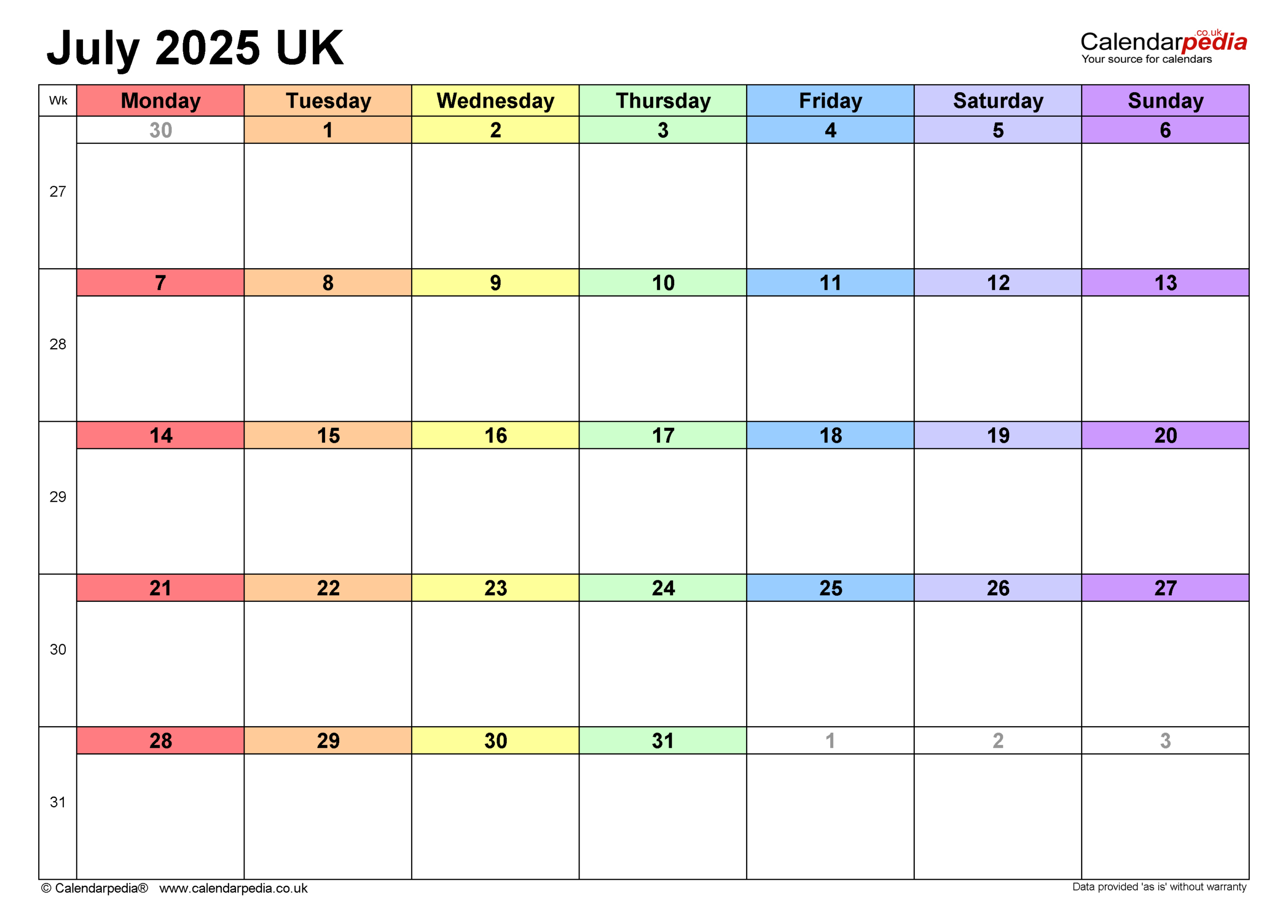 Calendar July 2025 Uk With Pdf, Excel And Word Templates regarding July 2025 Calendar Excel