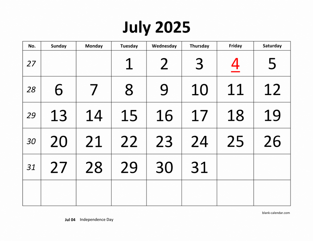 Free Download Printable July 2025 Calendar, Large Font Design inside Large Printable July 2025 Calendar