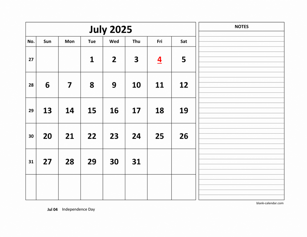 Free Download Printable July 2025 Calendar, Large Space For within July 2025 Calendar With Notes