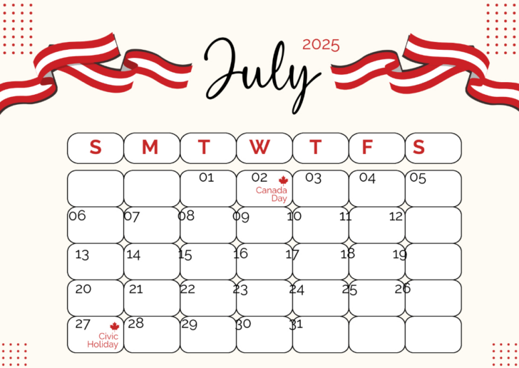 July Calendar 2025 with Holidays Canada