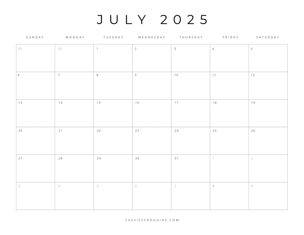 Free Printable 2025 Blank Calendar Templates (All 12 Months) regarding July 2025 Blank Printable Calendar