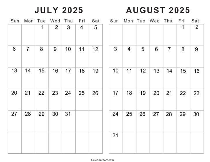 Free Printable Calendar July and August 2025