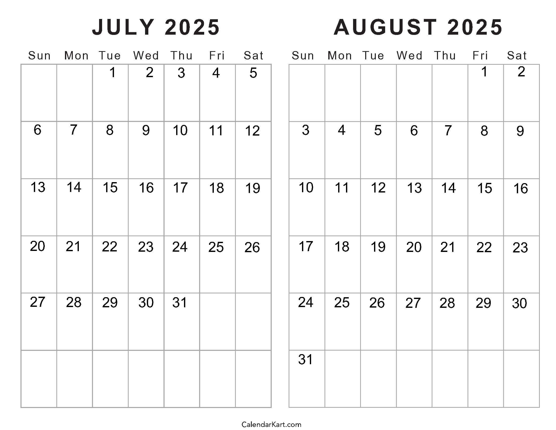 Free Printable July August 2025 Calendar | Calendarkart regarding Free Printable July And August Calendar 2025