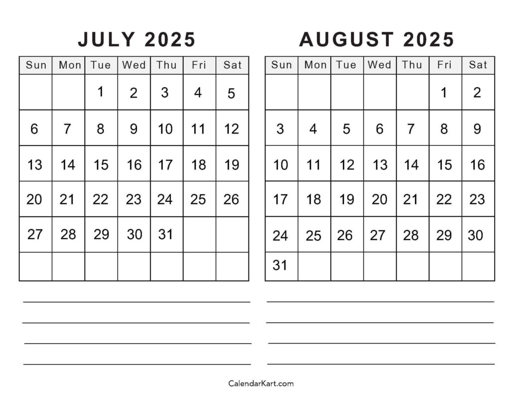 Printable Calendar For July and August 2025 | Calendar 2025