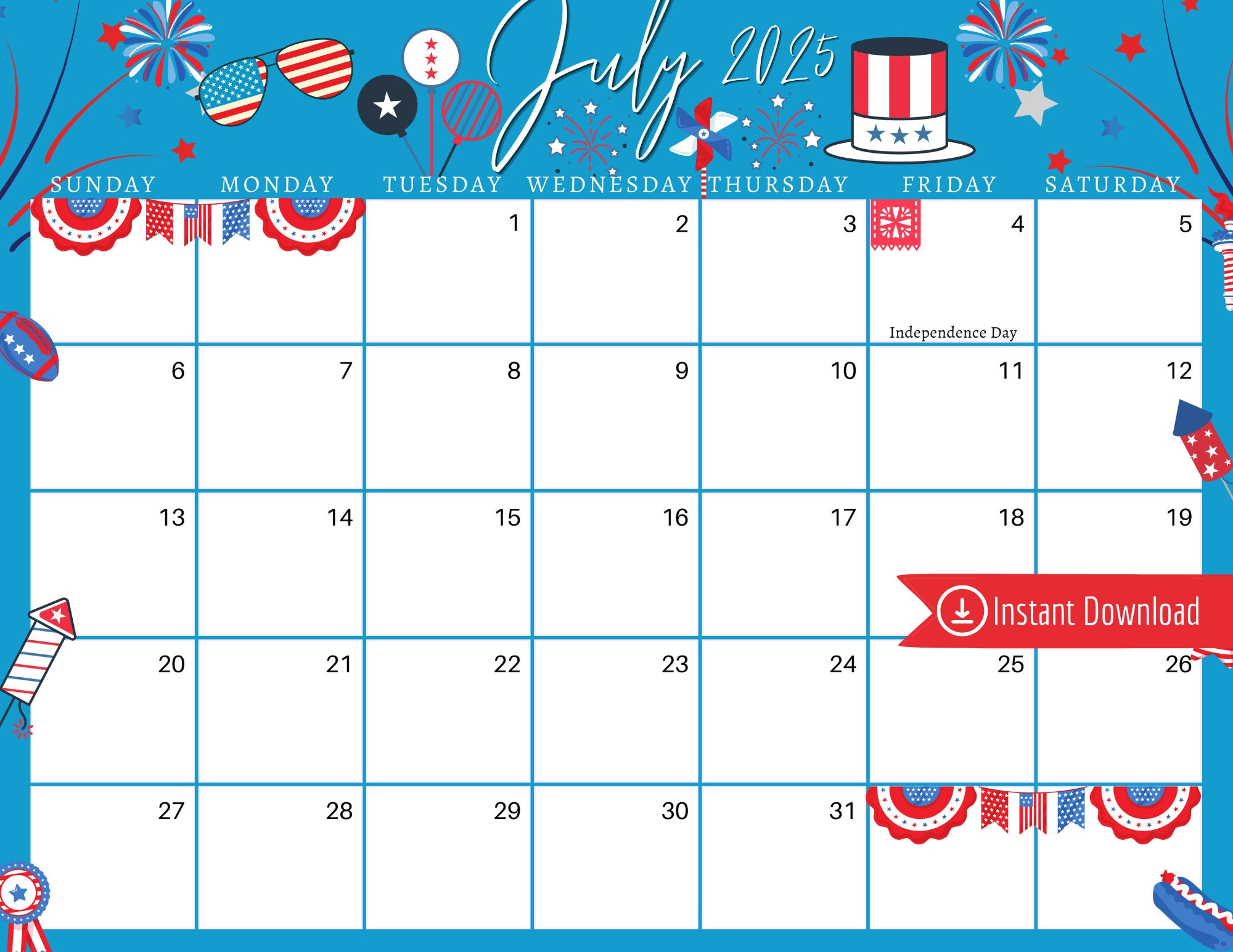 Juli 2025 Digitaler Kalender - Blauer 4. Juli Planer Bearbeitbarer for July 4Th 2025 Calendar