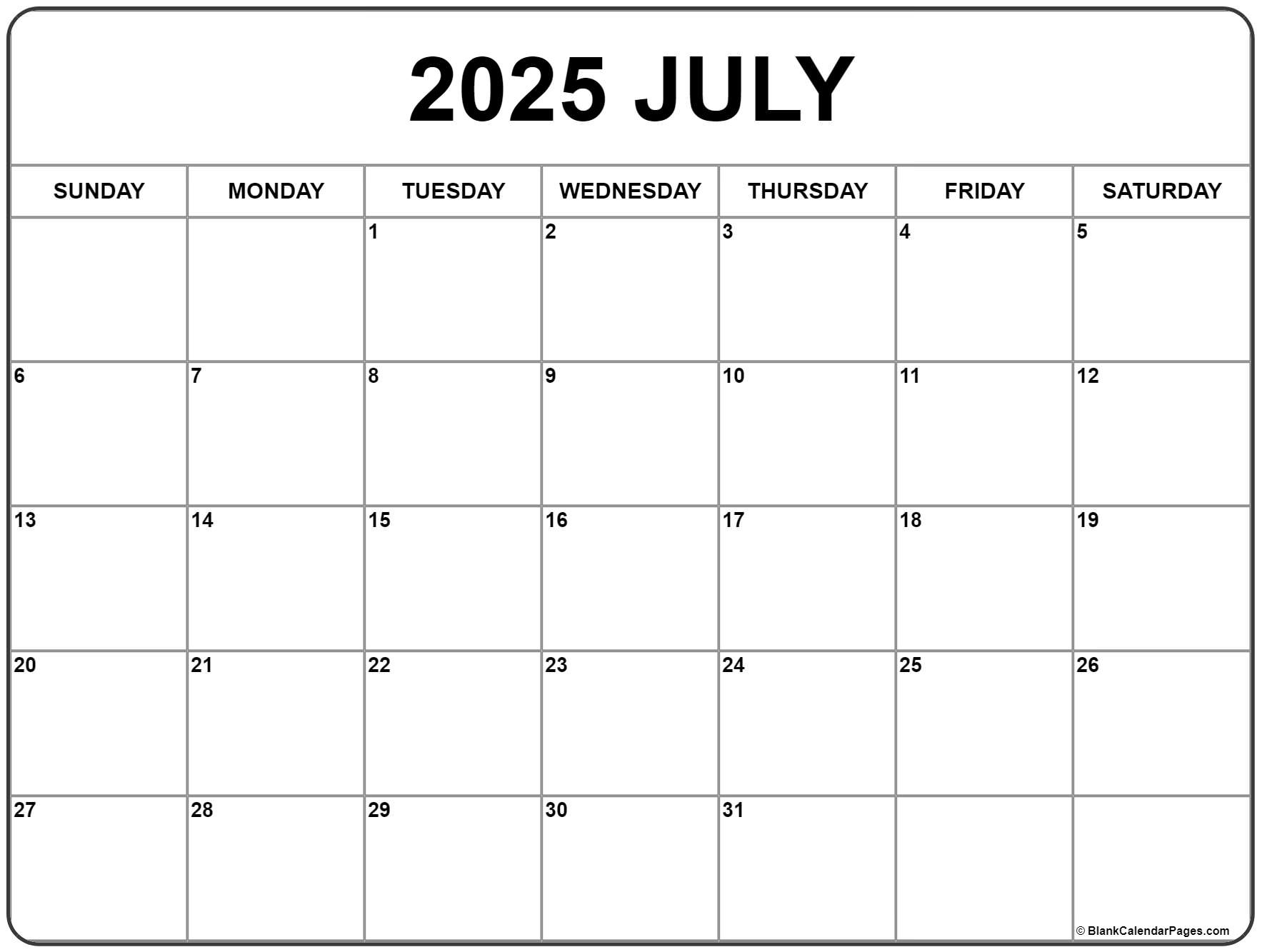 July 2025 Calendar | Free Printable Calendars throughout 2025 Calendar Year July