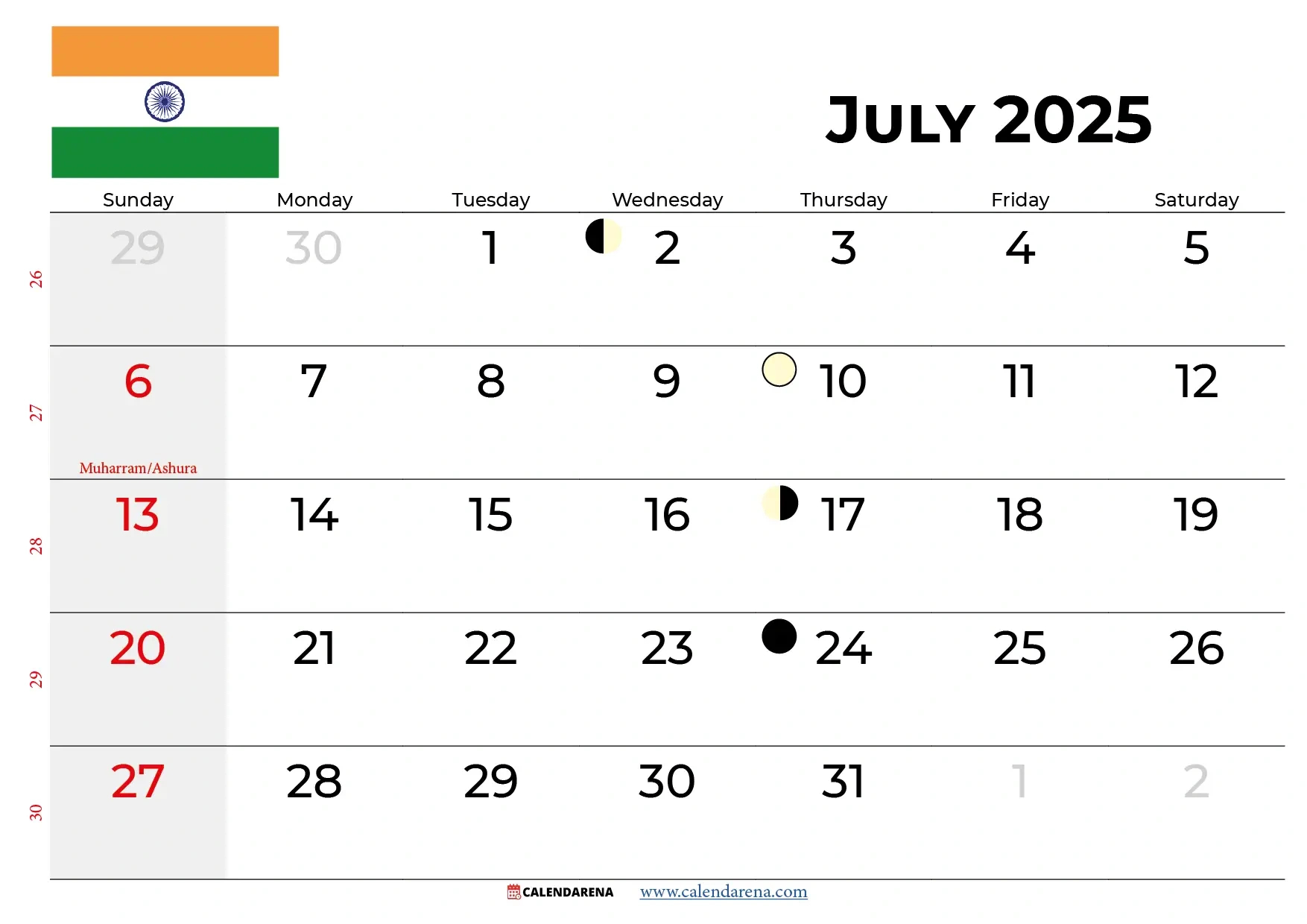 July 2025 Calendar India for July Calendar 2025 with Holidays