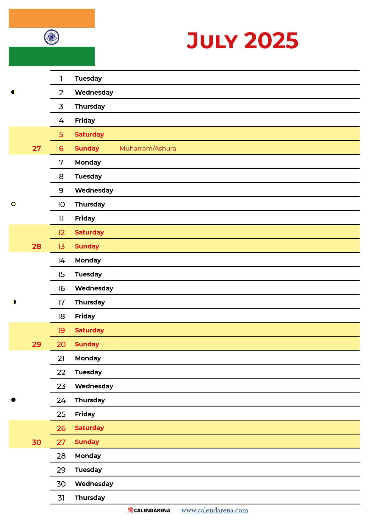 July 2025 Calendar India With Holidays for July 2025 Holiday Calendar