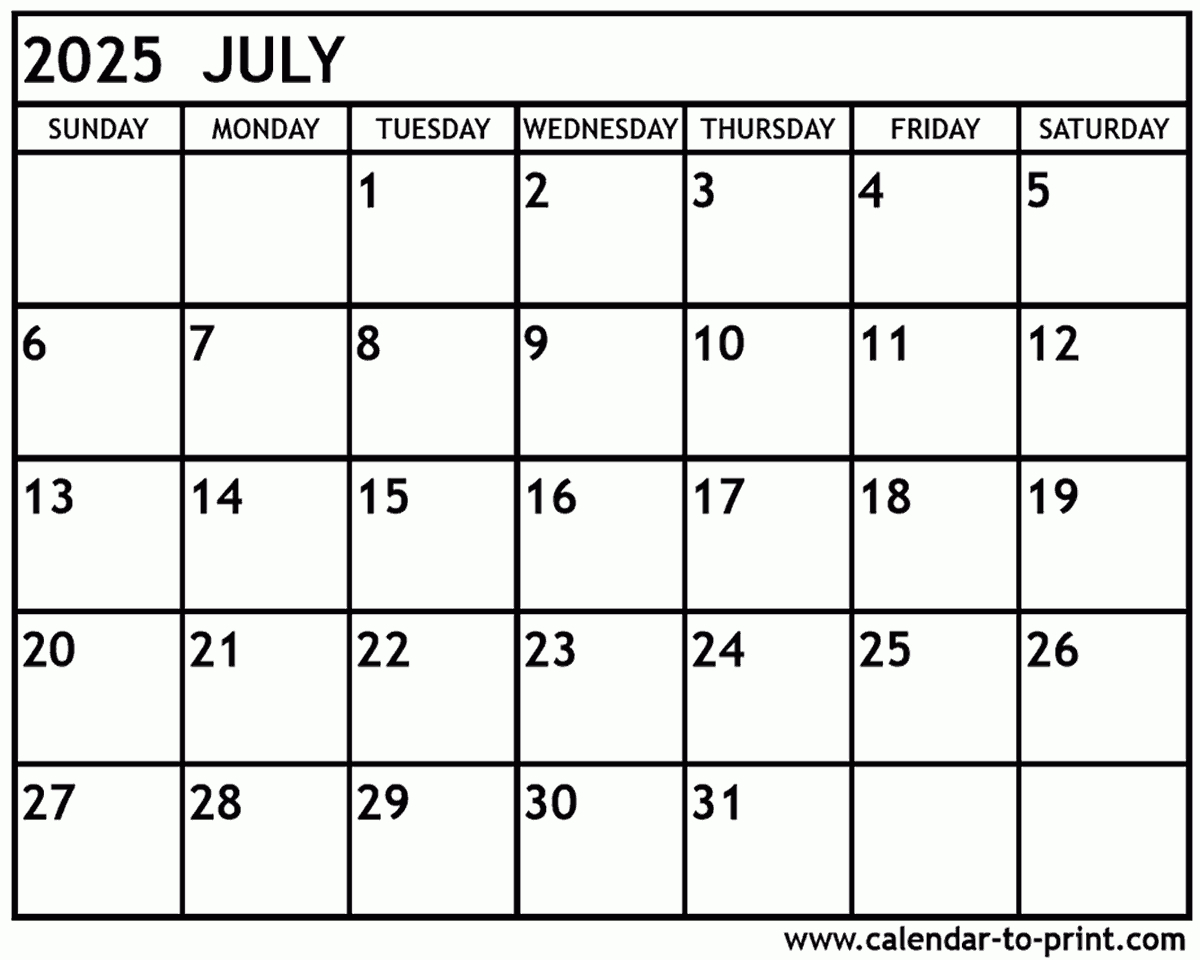 July 2025 Calendar Printable inside Calendar Print Out July 2025