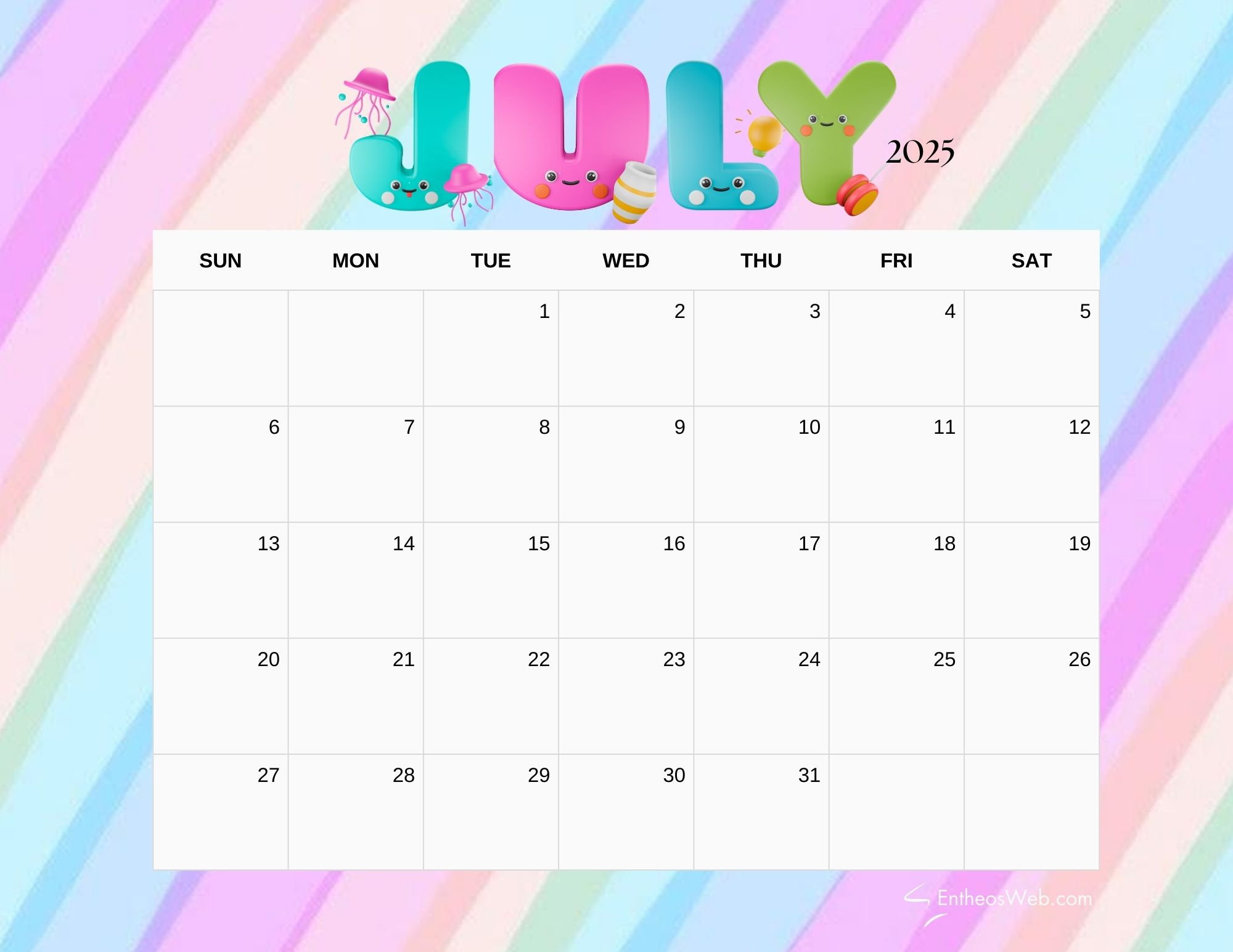 July 2025 Calendar Printables | Entheosweb intended for July 2025 Calendar Kids