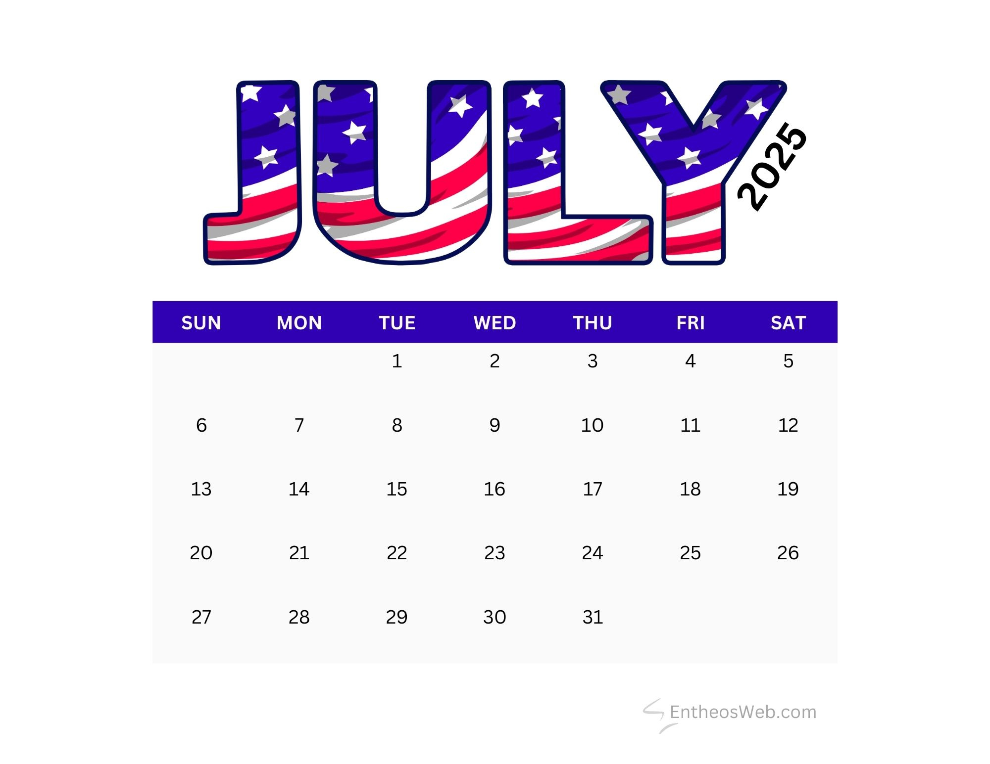 July 2025 Calendar Printables | Entheosweb pertaining to July 4 2025 Calendar Date