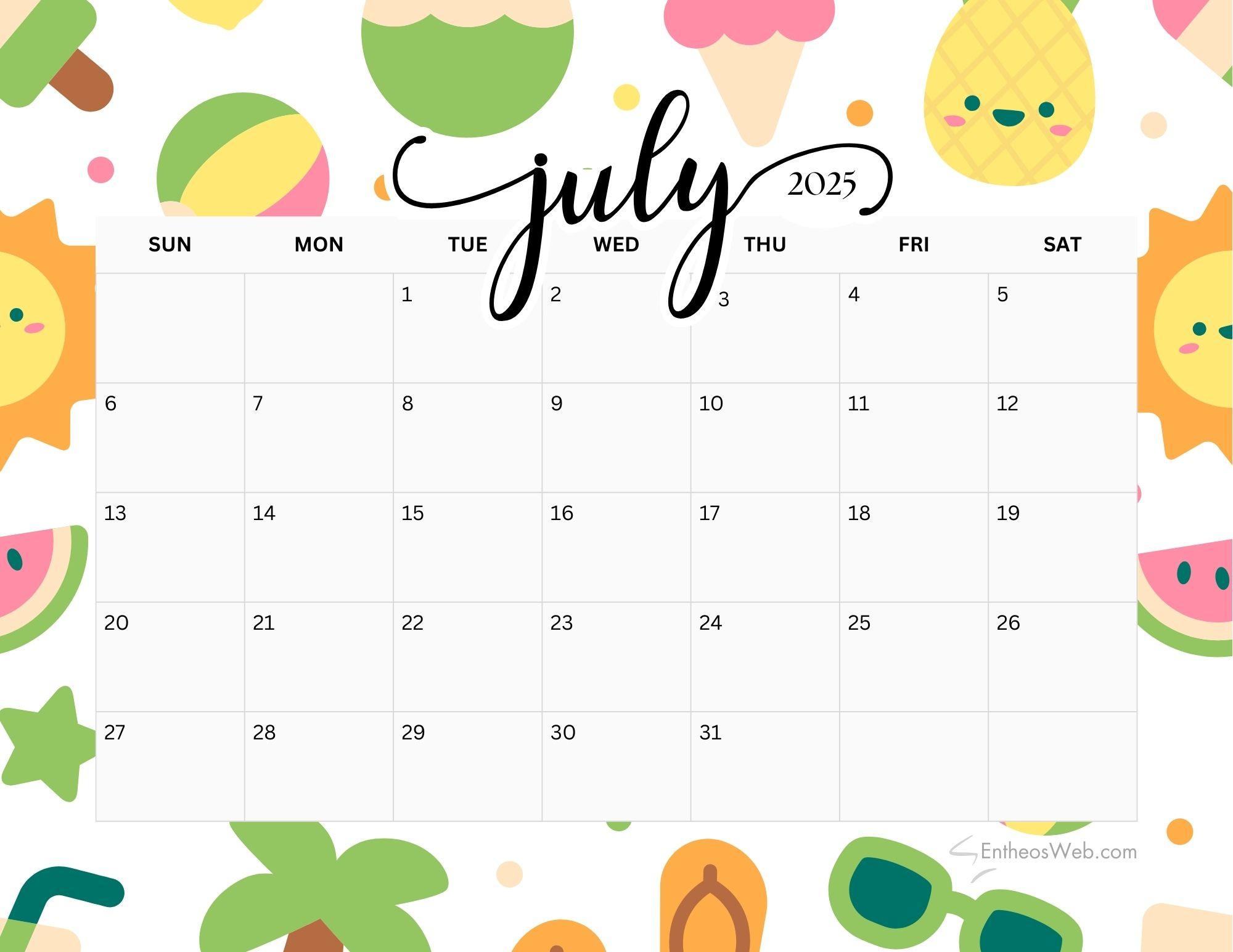 July 2025 Calendar Printables | Entheosweb regarding July 2025 Calendar Printable Cute