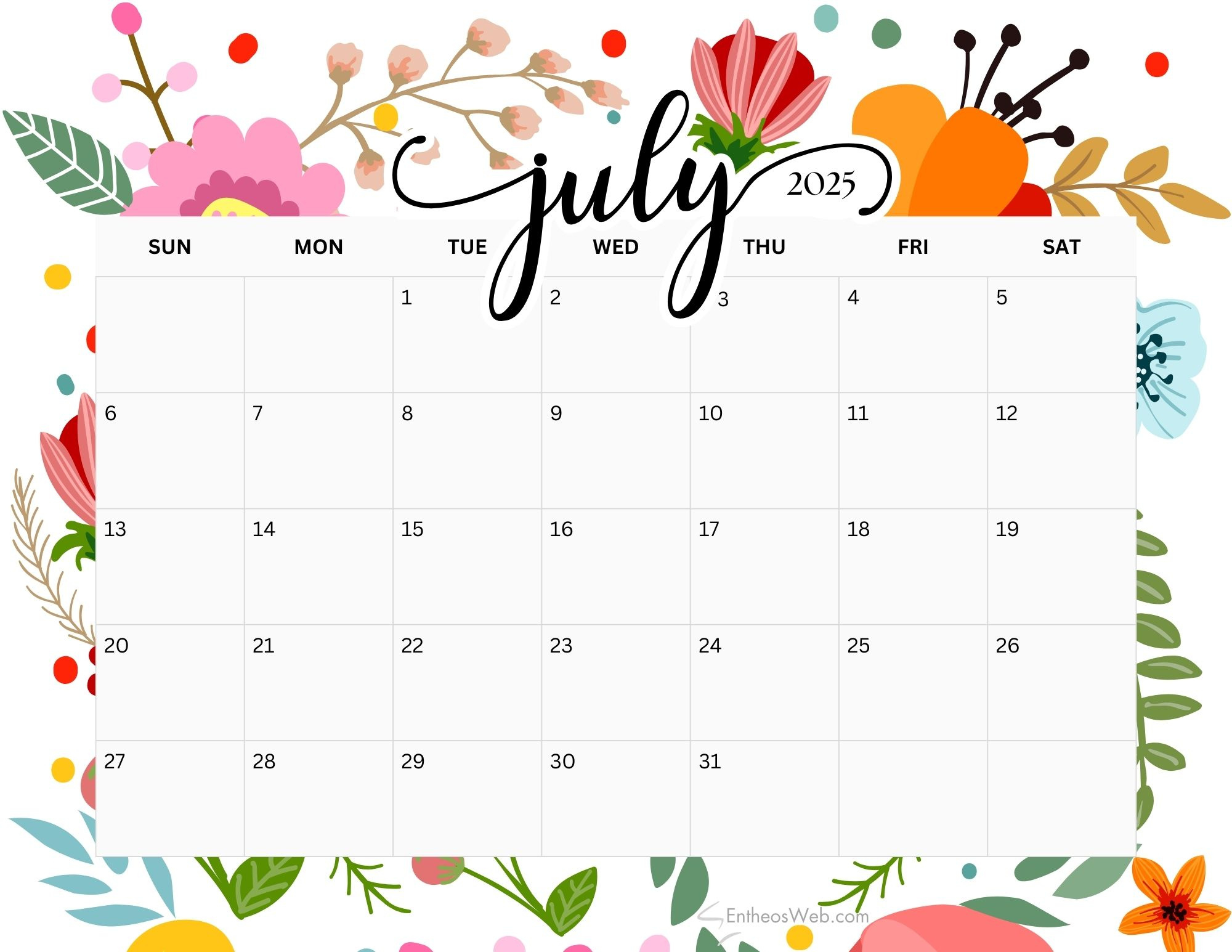 July 2025 Calendar Printables | Entheosweb with regard to Calendar Print Out July 2025