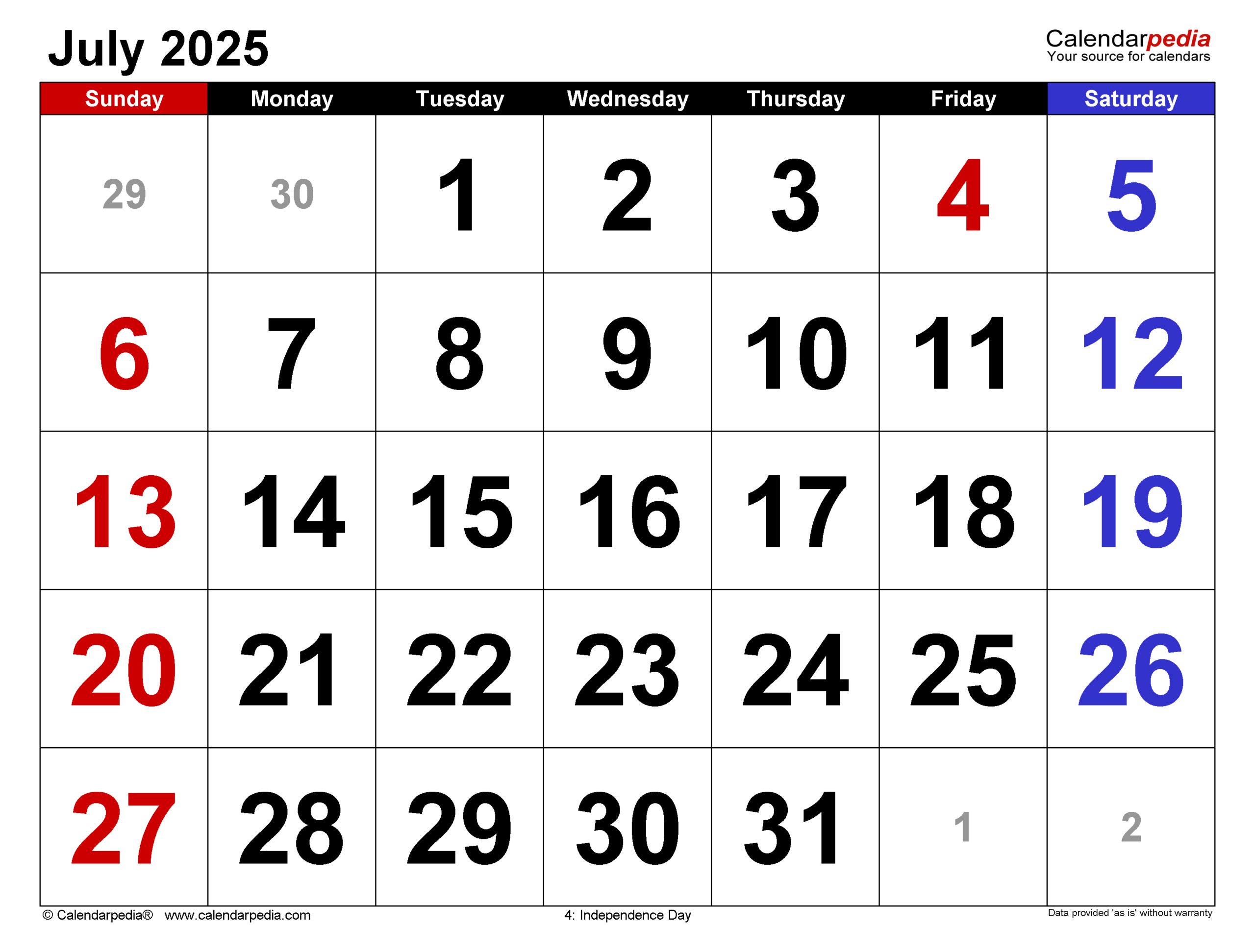 July 2025 Calendar | Templates For Pdf, Excel And Word with regard to July 4 2025 Calendar Date