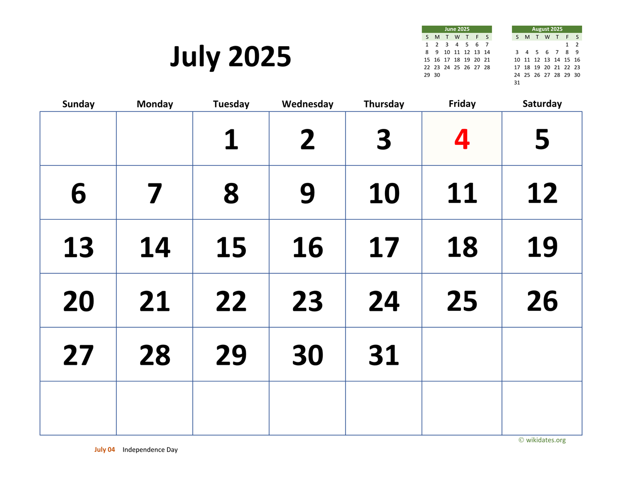 July 2025 Calendar With Extra-Large Dates | Wikidates in July 13 2025 Calendar