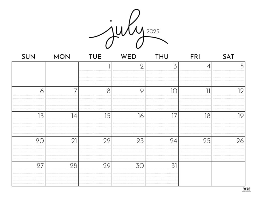 July 2025 Calendars - 107 Free Printables | Printabulls in July Calendar 2025