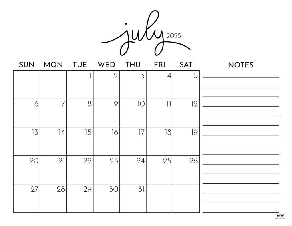 July 2025 Calendars - 107 Free Printables | Printabulls intended for July 2025 Calendar with Notes Printable