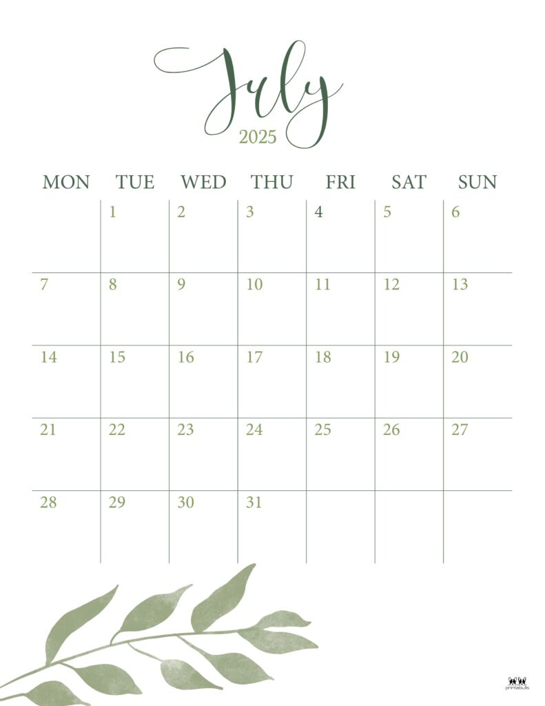 July 2025 Calendars - 107 Free Printables | Printabulls pertaining to July 2025 Calendar Printable Vertical
