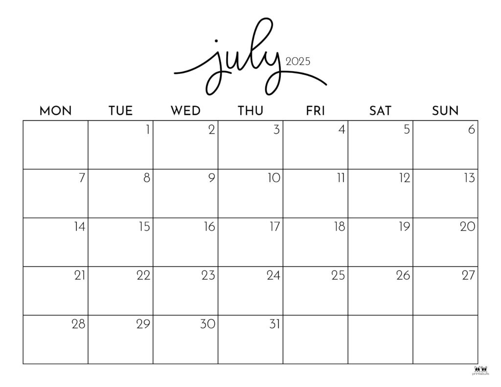July 2025 Calendars - 107 Free Printables | Printabulls within July 2025 Calendar Printable With Holidays