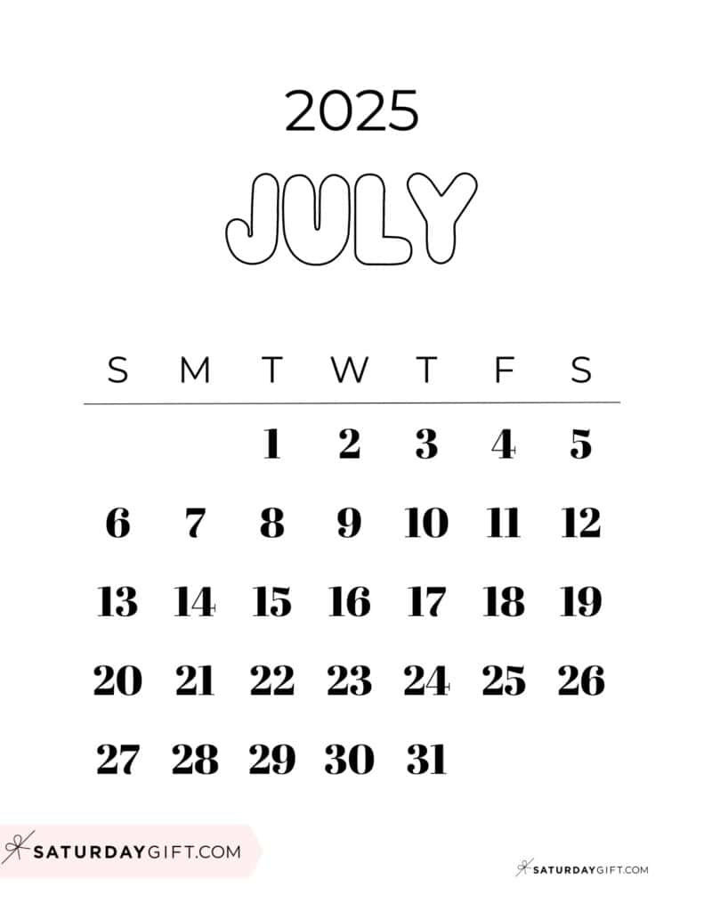 July 2025 Calendars - 23 Cute Free Printable Pdfs | Saturdaygift throughout July Calendar 2025 Cute