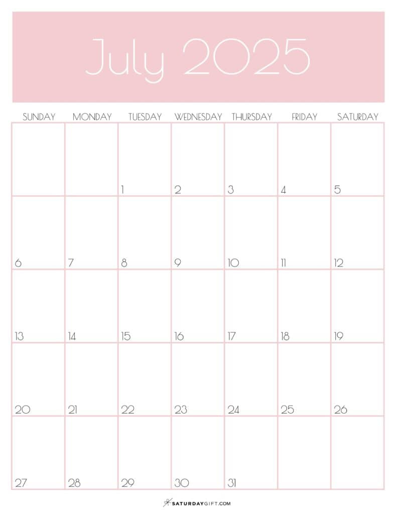 July 2025 Calendars - 23 Cute Free Printable Pdfs | Saturdaygift within 3 Month Vertical Calendar Printable July 2025