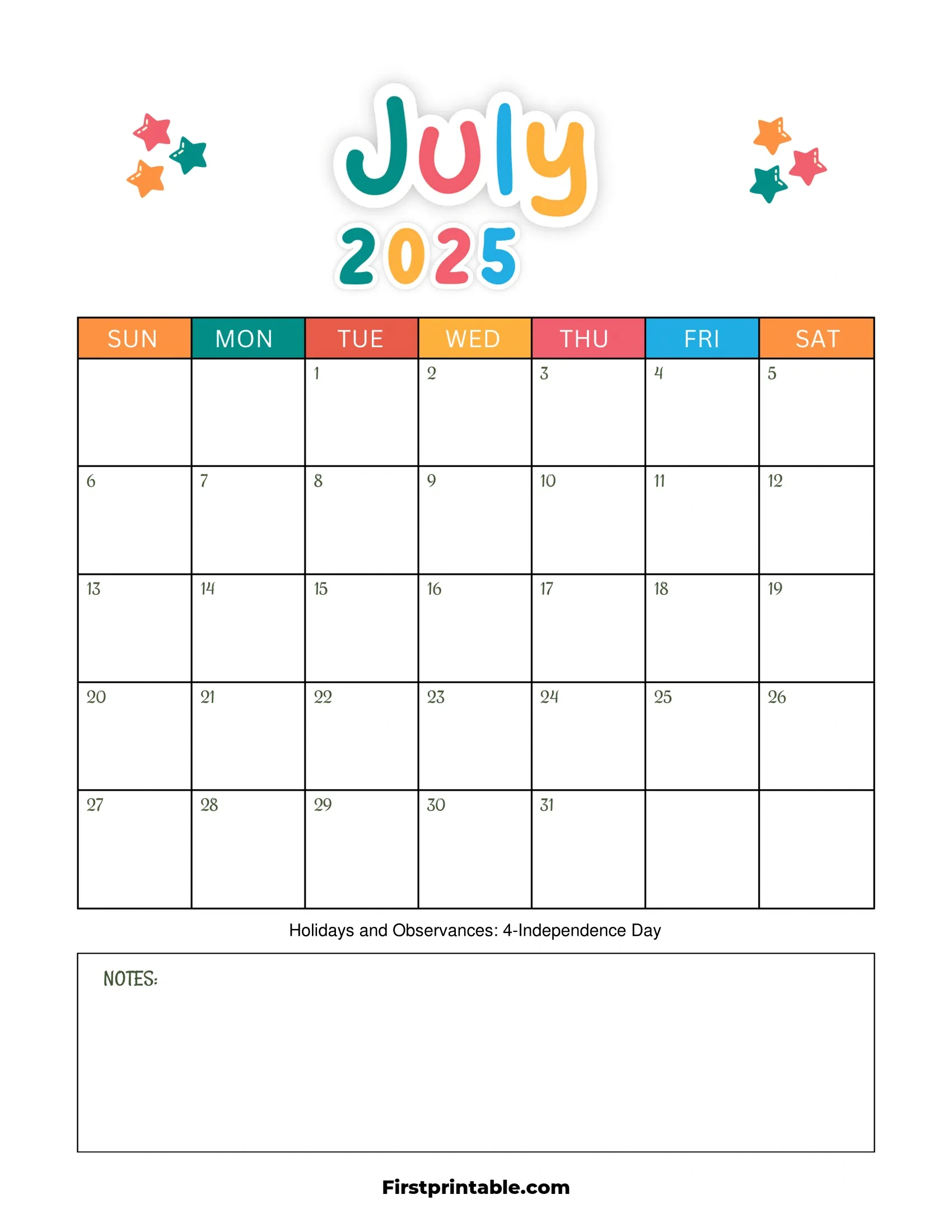 July 2025 Calendars - Free Printable &amp;amp; Fillable throughout July 2025 Calendar Kids