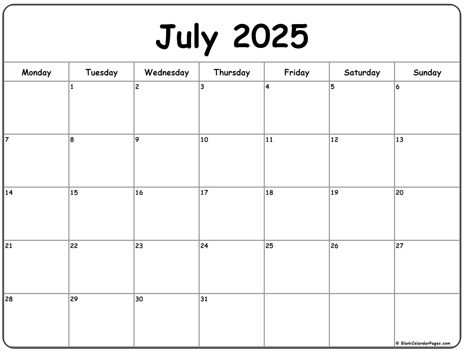 July 2025 Monday Calendar | Monday To Sunday pertaining to July Calendar 2025 Monday to Sunday