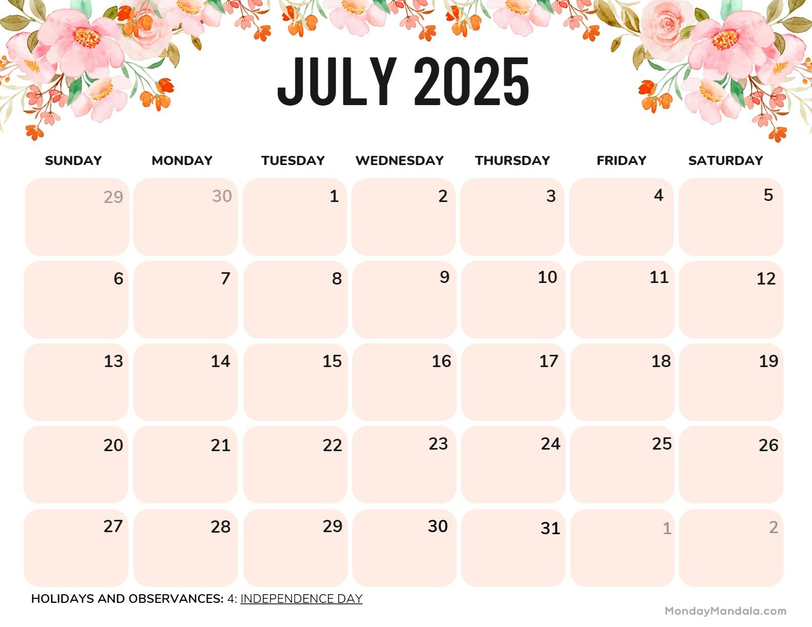 July 2025 Printable Calendar (52 Free Pdf Printables) inside July 2025 Calendar Printable Monday Start