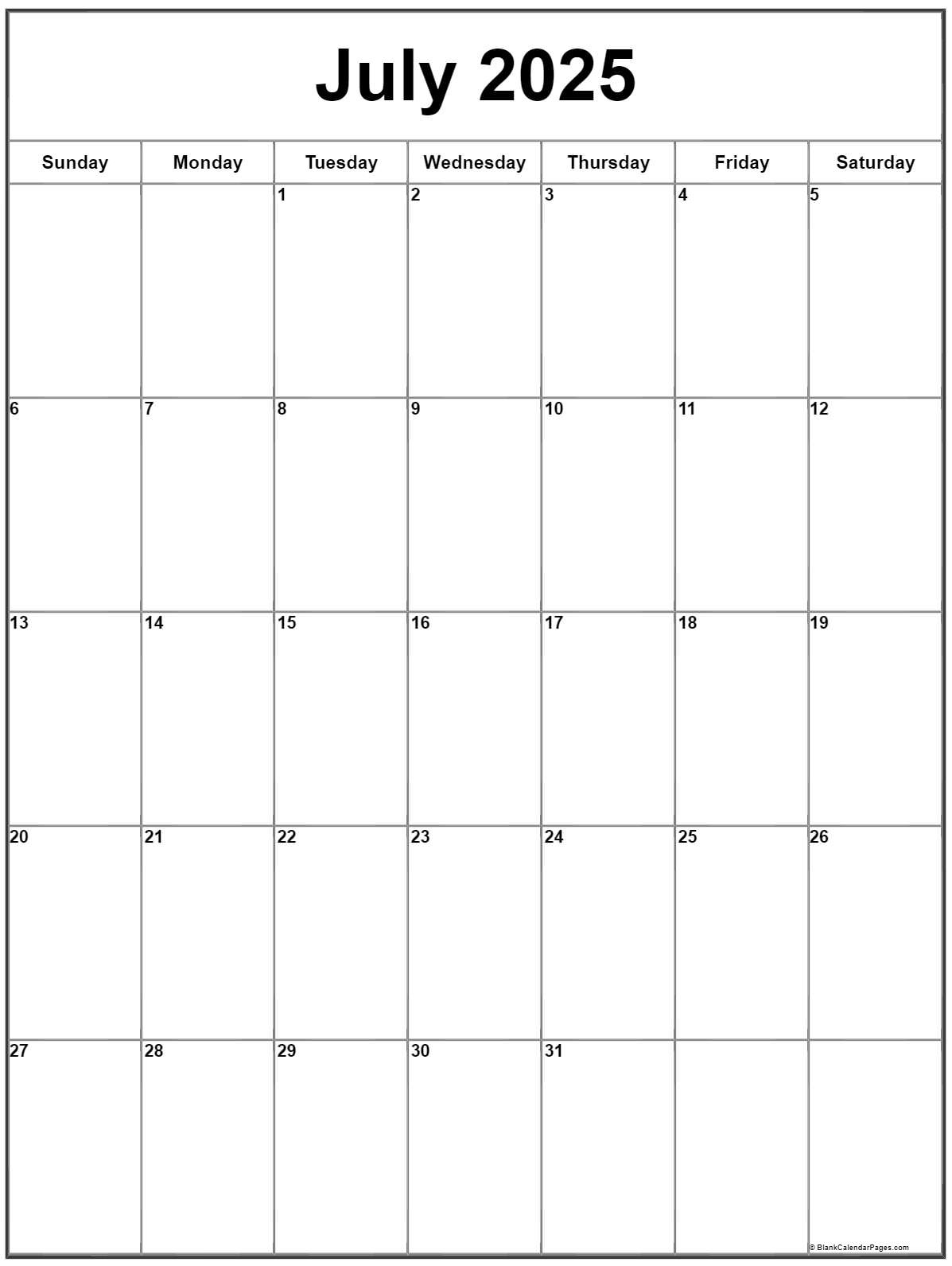 July 2025 Vertical Calendar | Portrait in July 2025 Calendar Printable Vertical