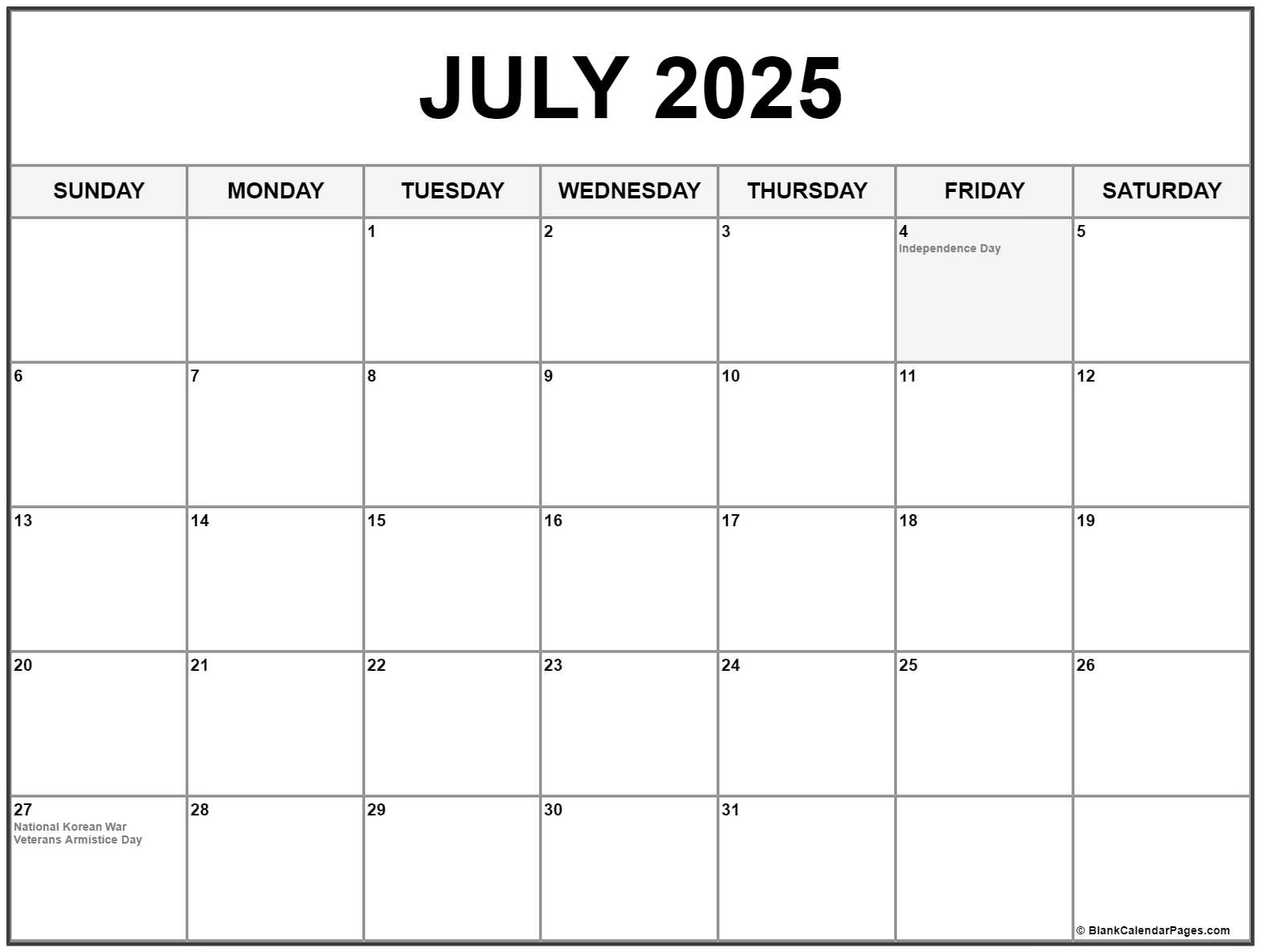 July 2025 With Holidays Calendar within July Calendar 2025 with Holidays