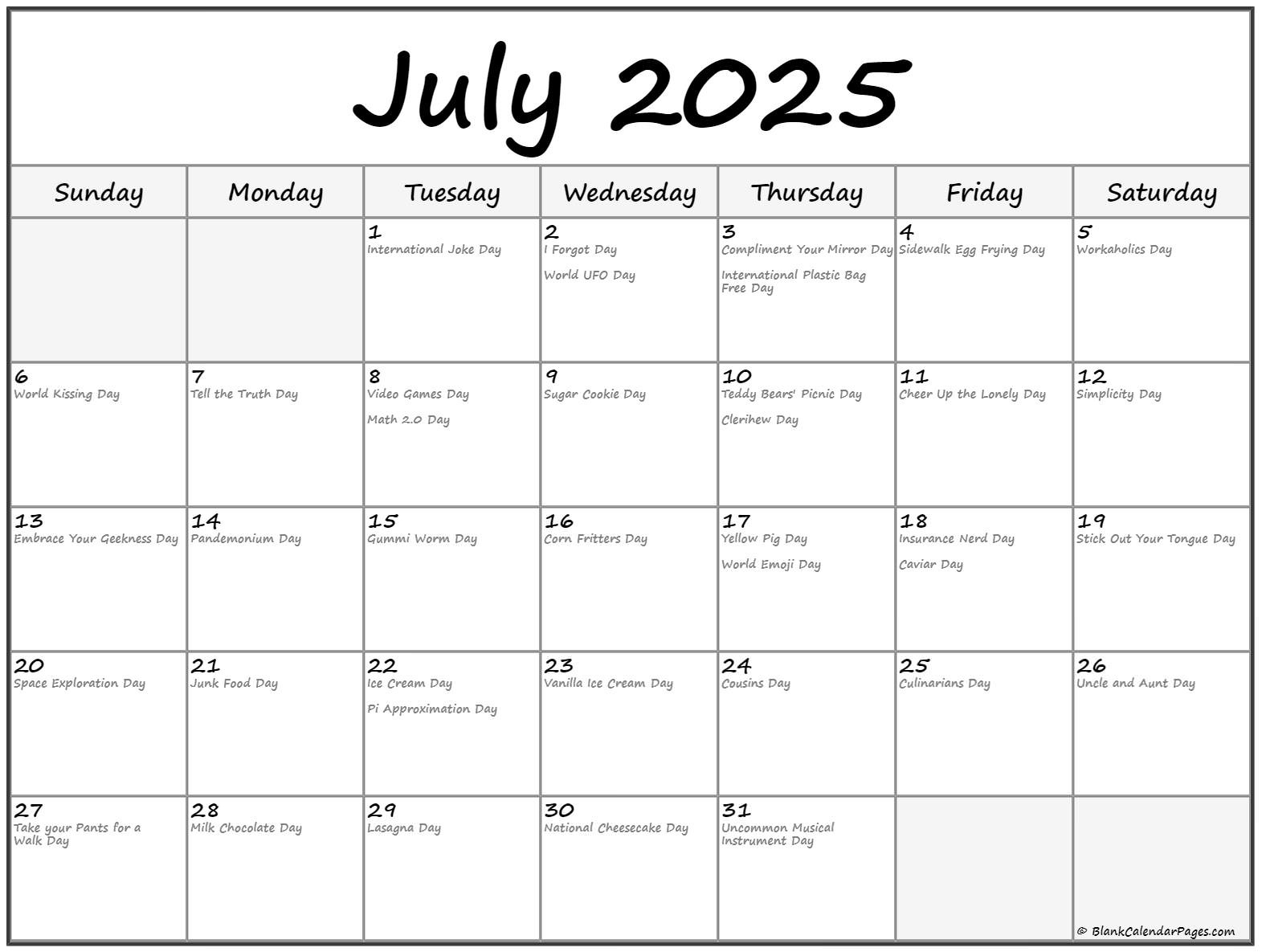 July 2025 With Holidays Calendar within National Day Calendar July 2025