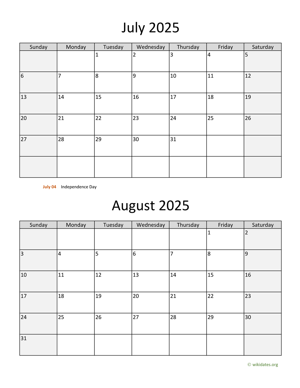 July And August 2025 Calendar | Wikidates throughout Calendar of July and August 2025