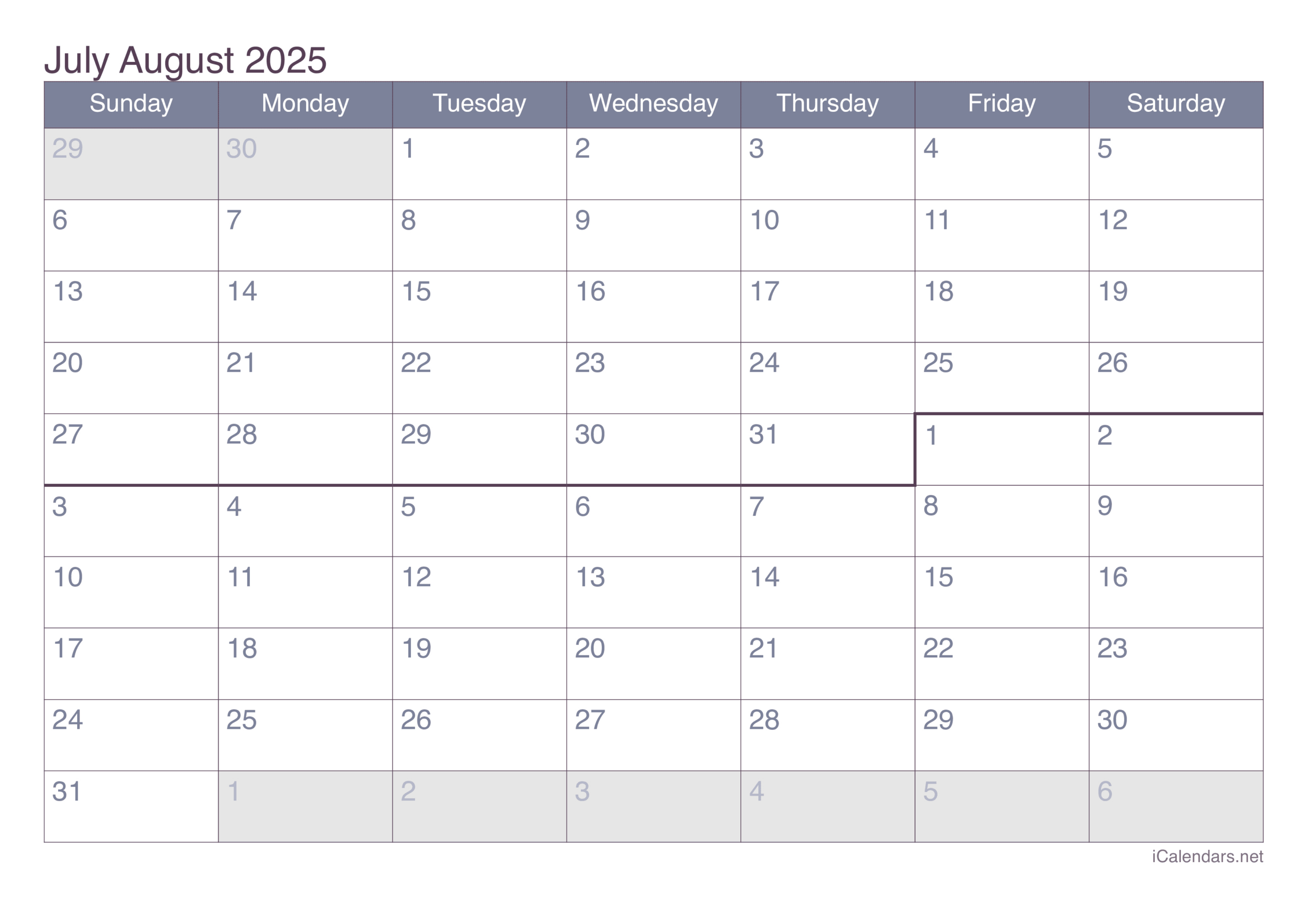 July And August 2025 Printable Calendar with regard to Calendar Of July And August 2025