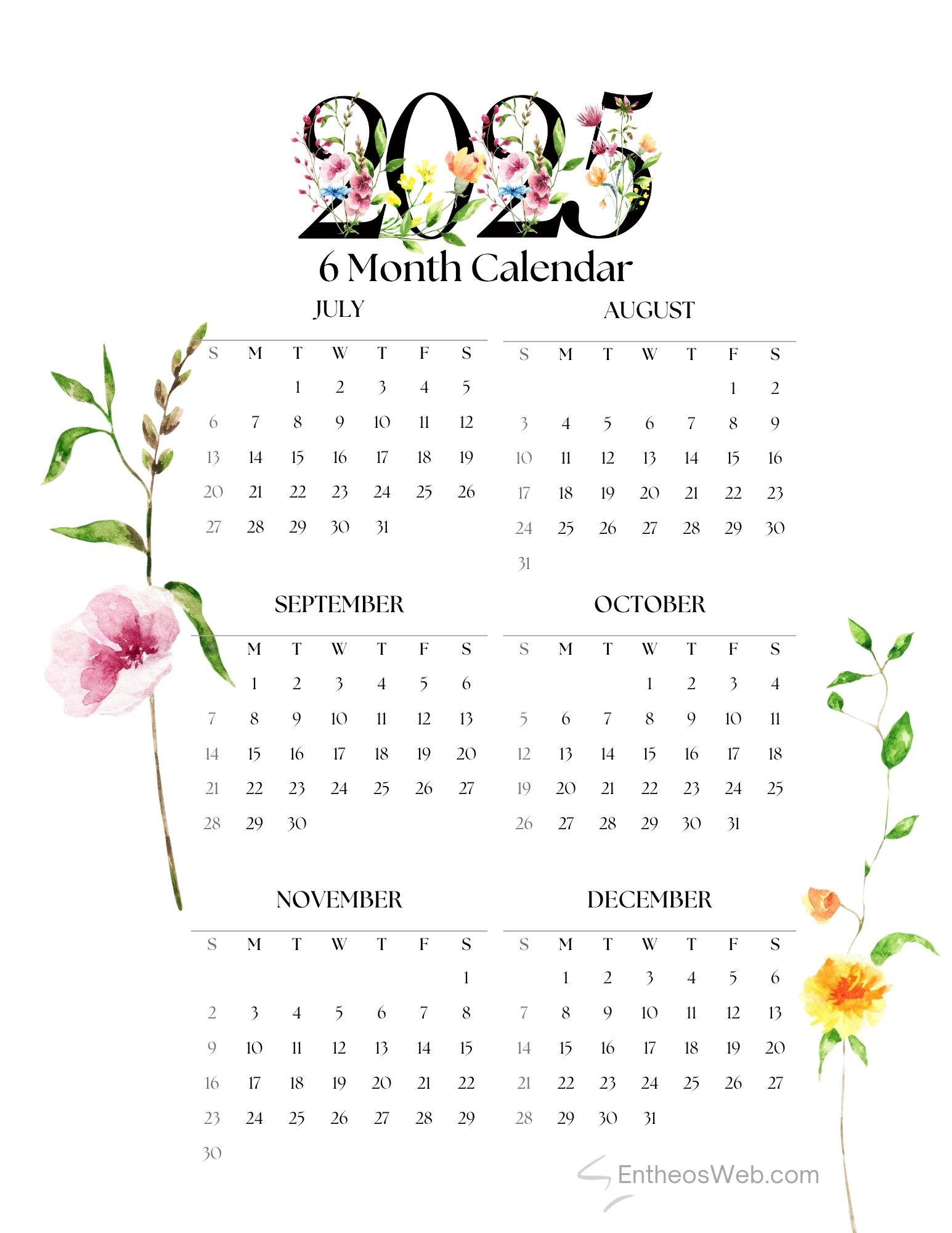 July To December 2025 – 6 Month Calendar Printable | Entheosweb in July to December 2025 Calendar