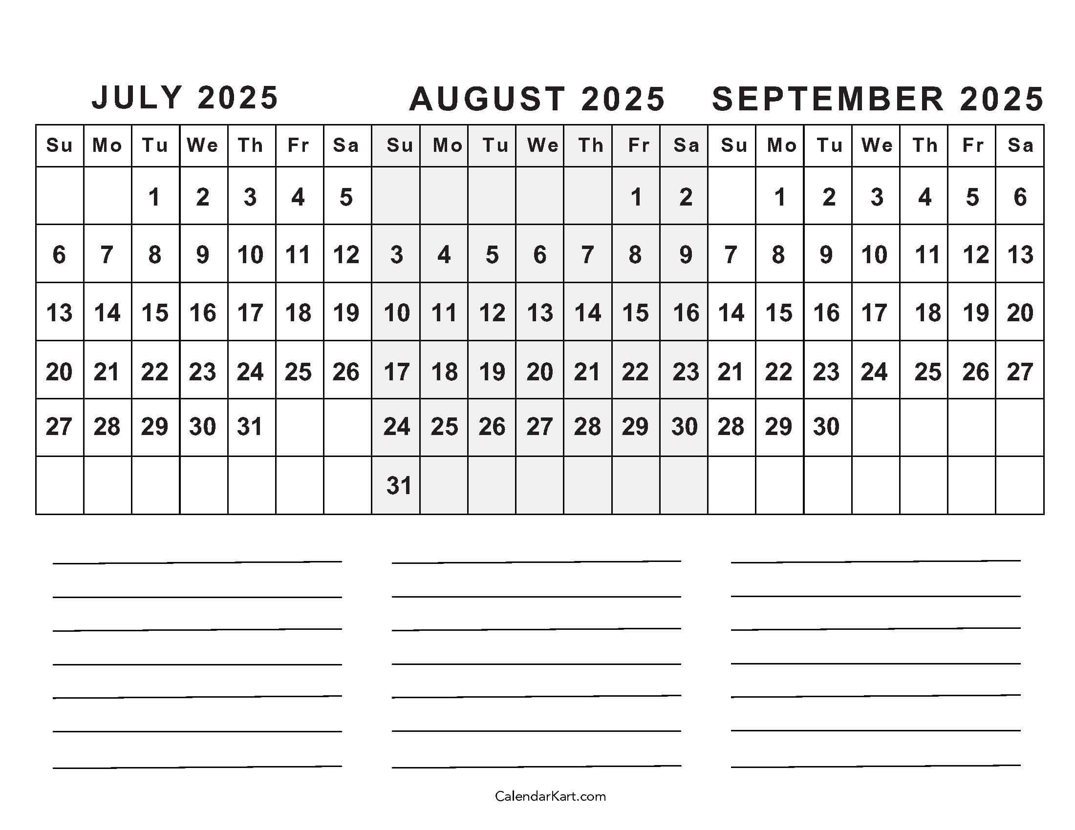 July To September 2025 Calendar (Q3) - Calendarkart with regard to July August September 2025 Printable Calendar