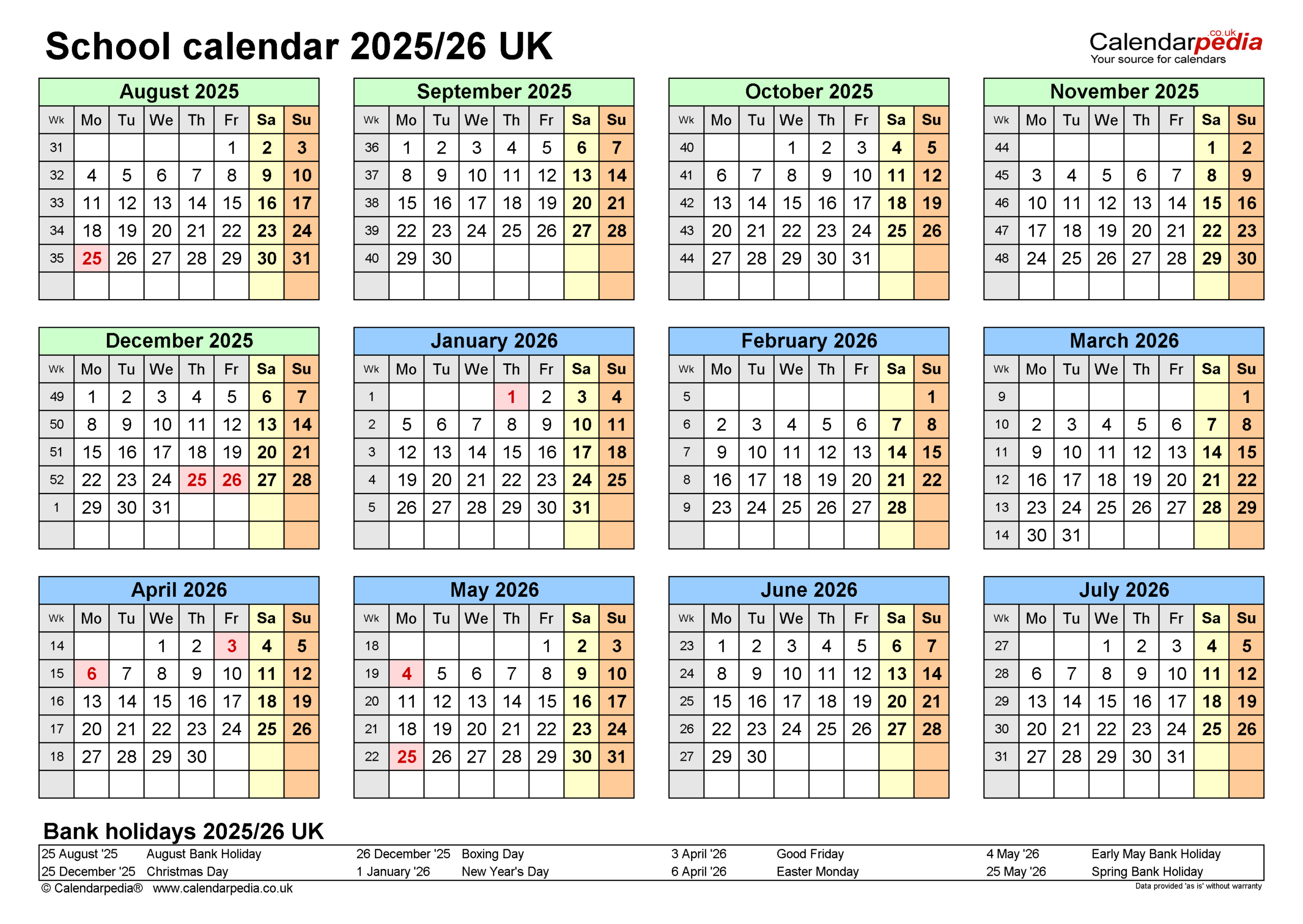 School Calendars 2025/26 Uk - Free Printable Pdf Templates for July 2025 to June 2026 School Calendar