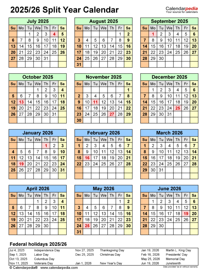 Printable Calendar July 2025 Through June 2026