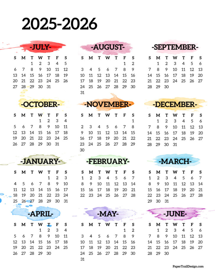 August 2025 – July 2026 Calendar Printable