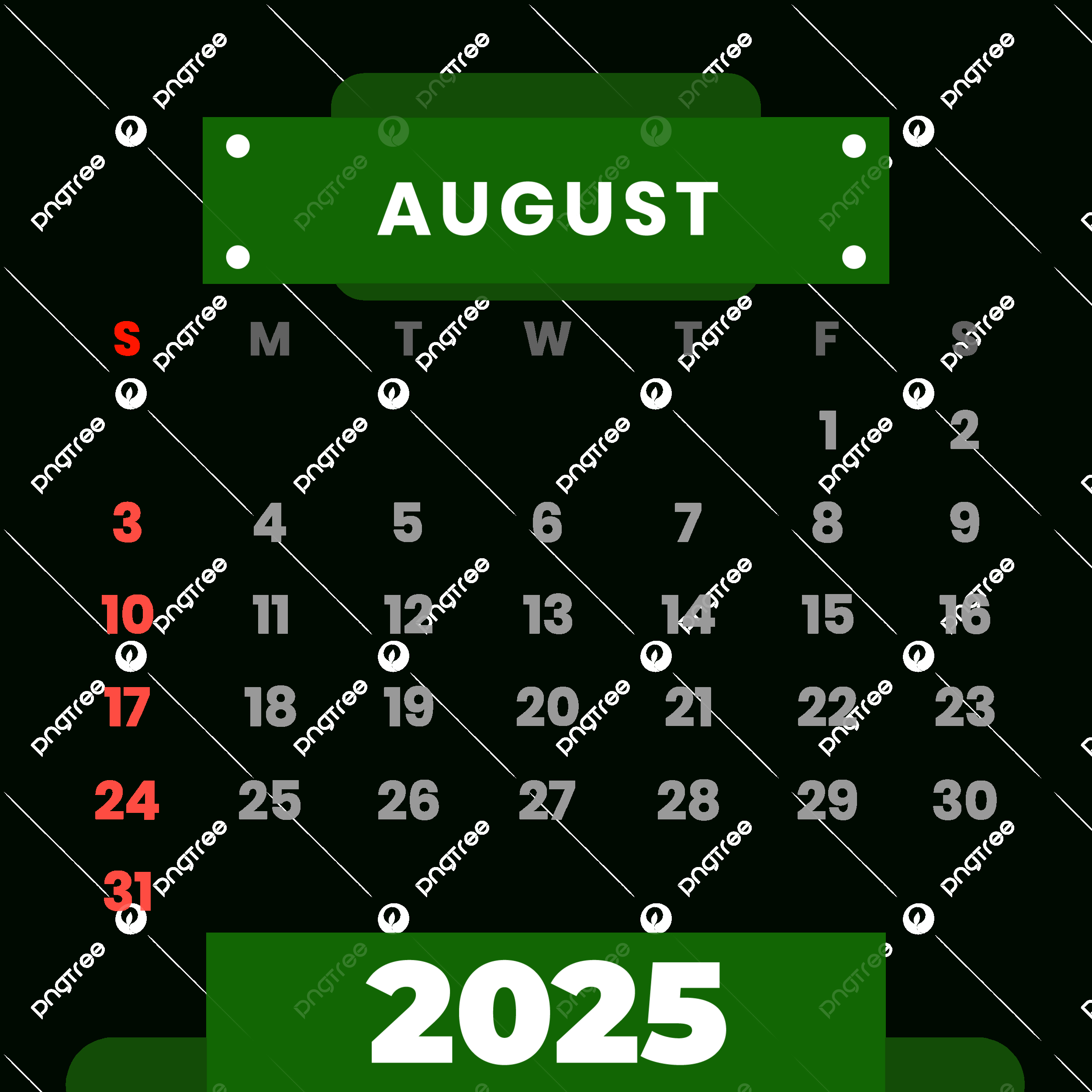 2025 August Vector Clipart Monthly Green Calendar, 2025 Calendar with August 2025 Calendar Clip Art