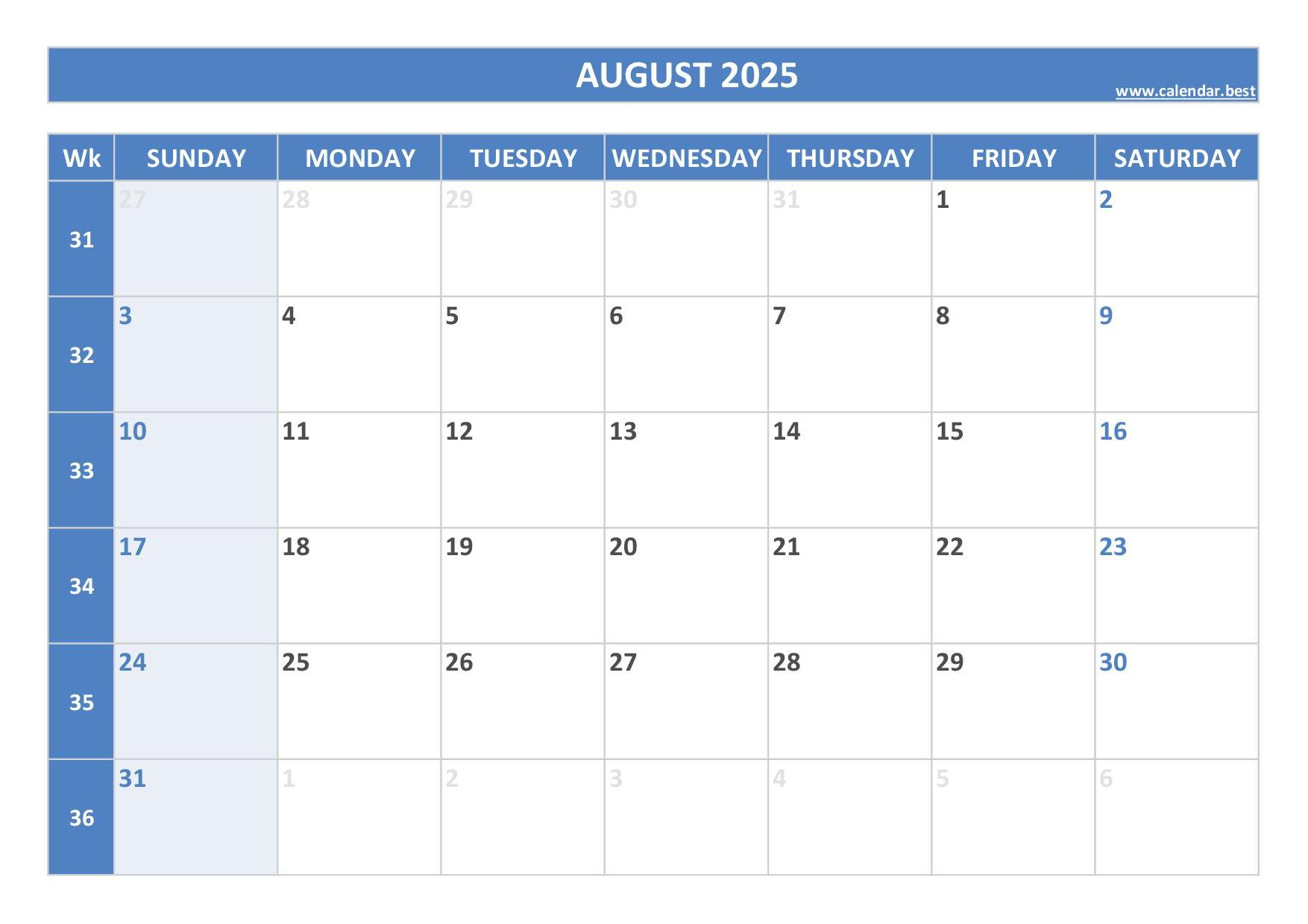 August 2025 Calendar -Calendar.best for August 2025 Weekly Calendar