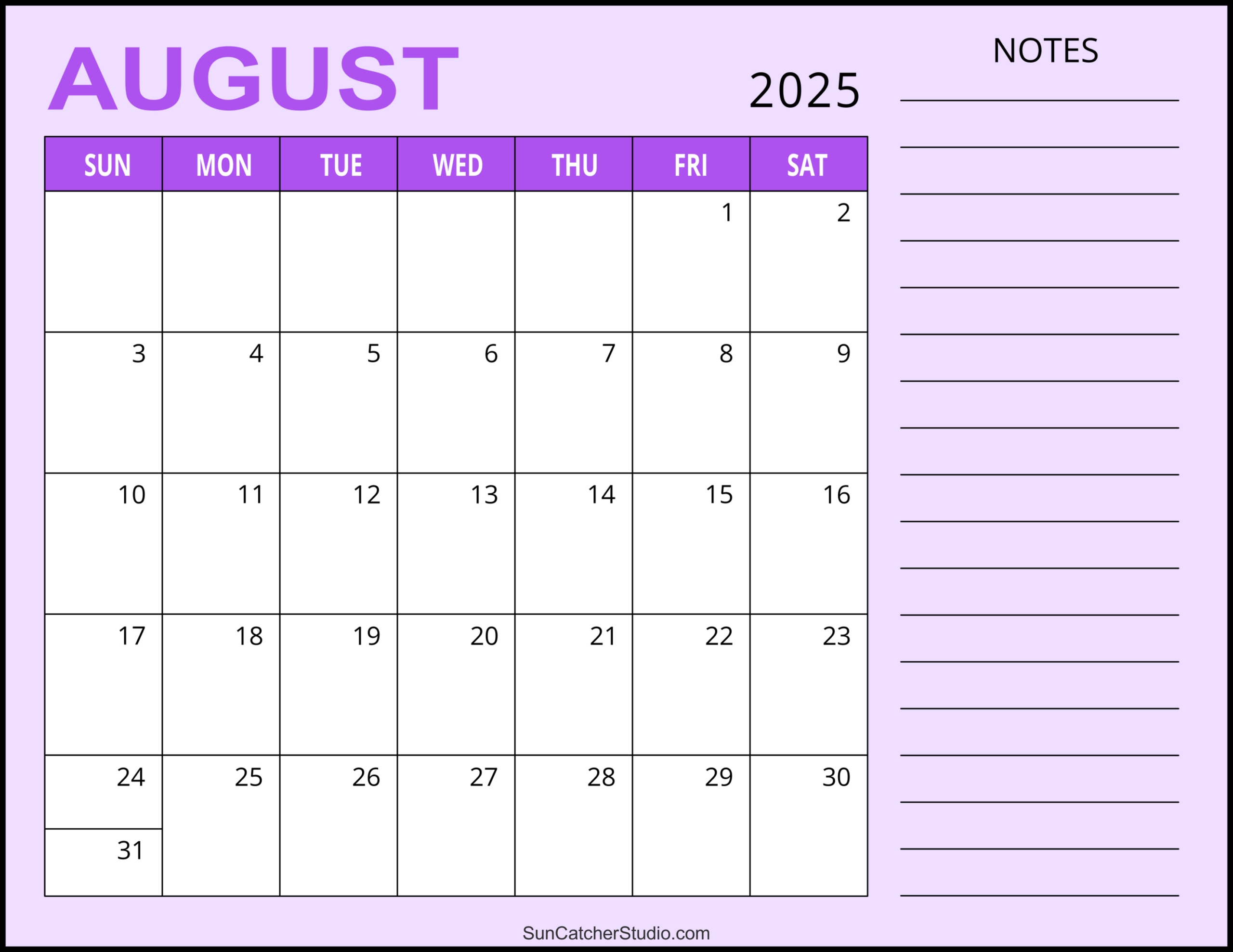 August 2025 Calendar (Free Printable) – Free Printables, Monograms in August 2025 Calendar Printable with Notes