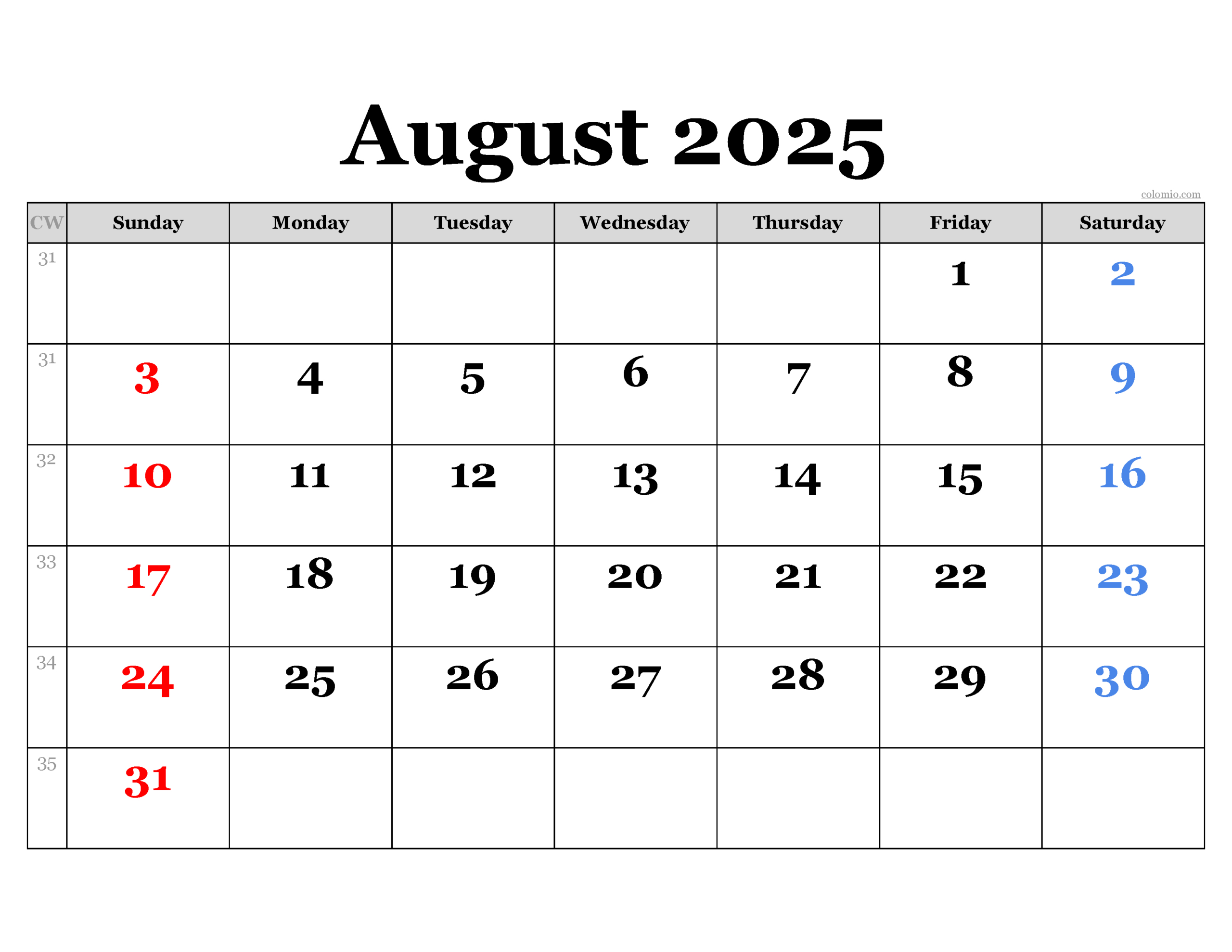August 2025 Calendar | Free Printable Pdf, Xls And Png for August 2025 Weekly Calendar