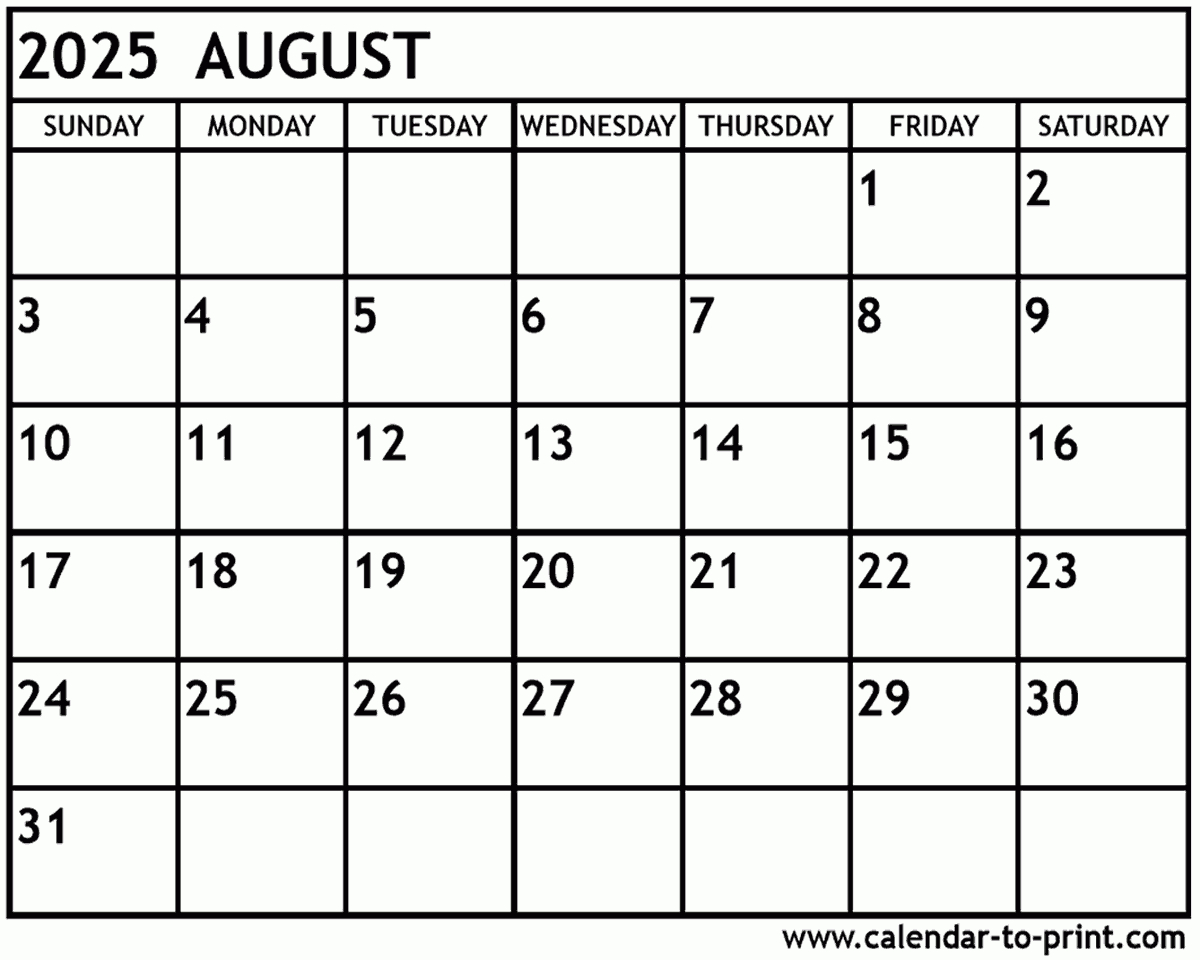 August 2025 Calendar Printable inside August 2025 Calendar Free Print