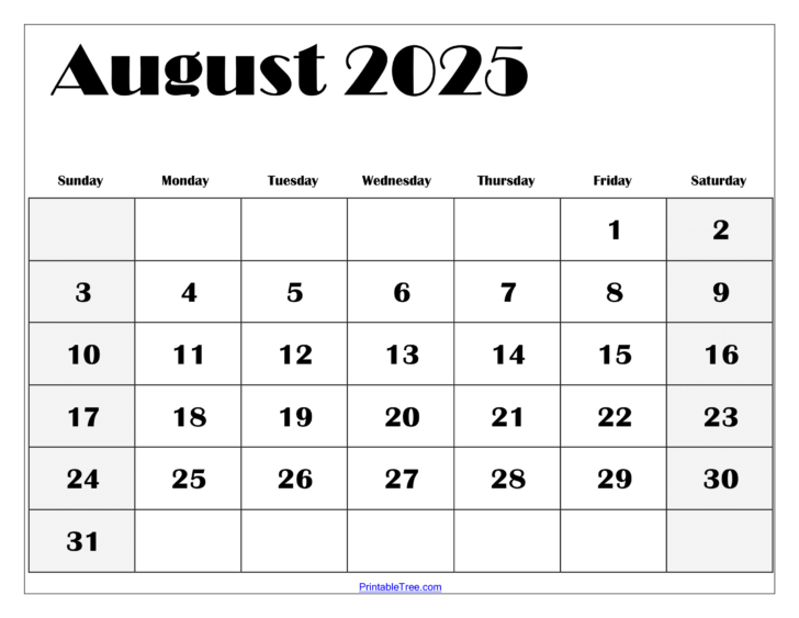 Printable Month Calendar August 2025