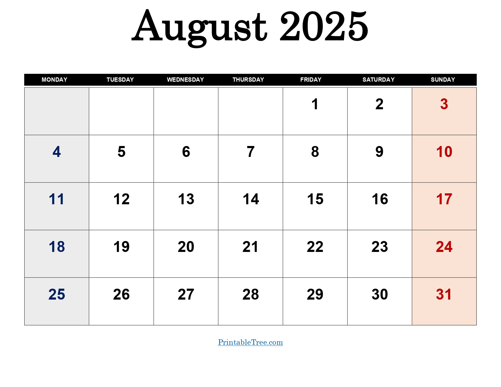 August 2025 Calendar Printable Pdf Template With Holidays with August 2025 Calendar Monday Start